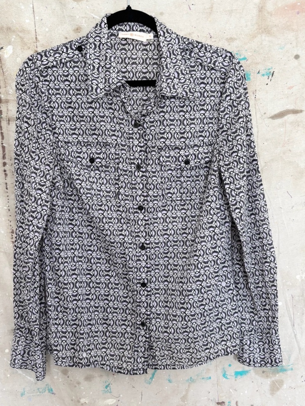 Tory Burch Brigitte Printed Button-Down Blouse, Carinthia Navy - Picture 3 of 7